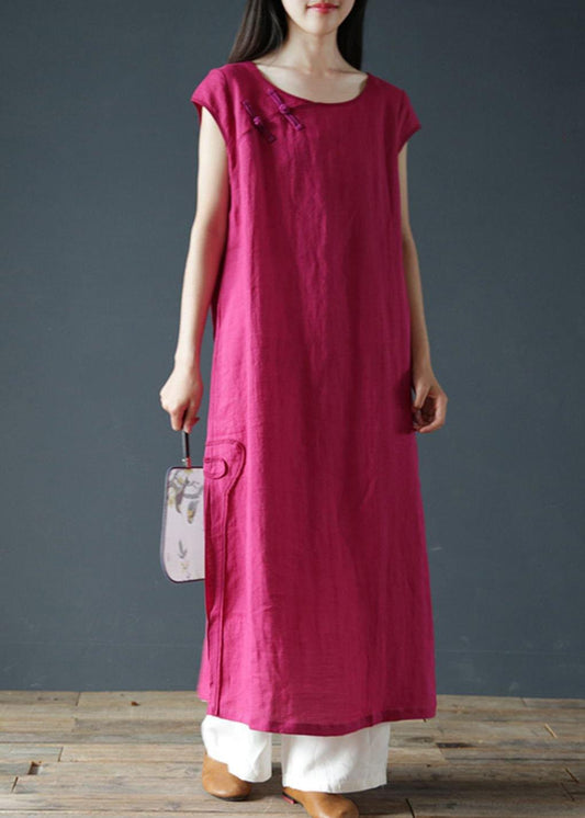 Bohemian o neck side open linen summer clothes For Women Work Outfits rose Dresses - SooLinen