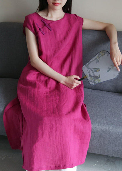 Bohemian o neck side open linen summer clothes For Women Work Outfits rose Dresses - SooLinen