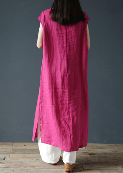 Bohemian o neck side open linen summer clothes For Women Work Outfits rose Dresses - SooLinen