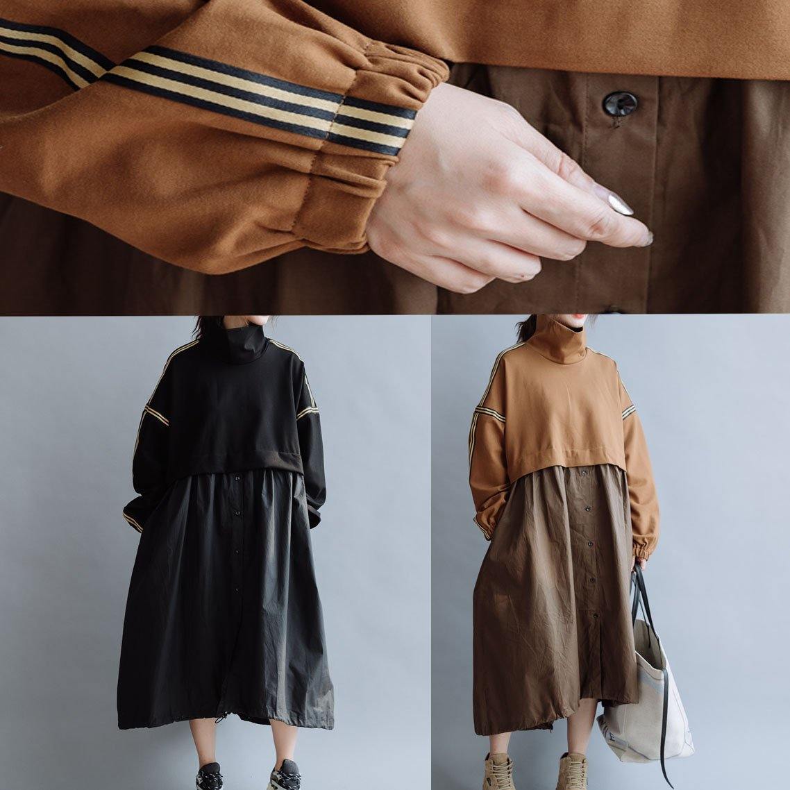 Bohemian patchwork high neck cotton clothes Women Work Outfits brown Traveling Dresses fall - SooLinen