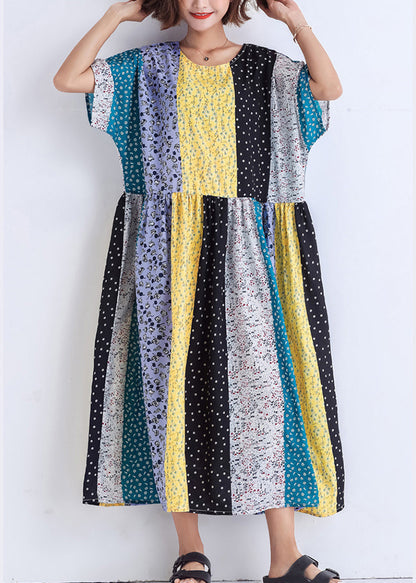 Bohemian patchwork linen cotton Wardrobes boutique Runway multicolor striped Robe Dress Summer