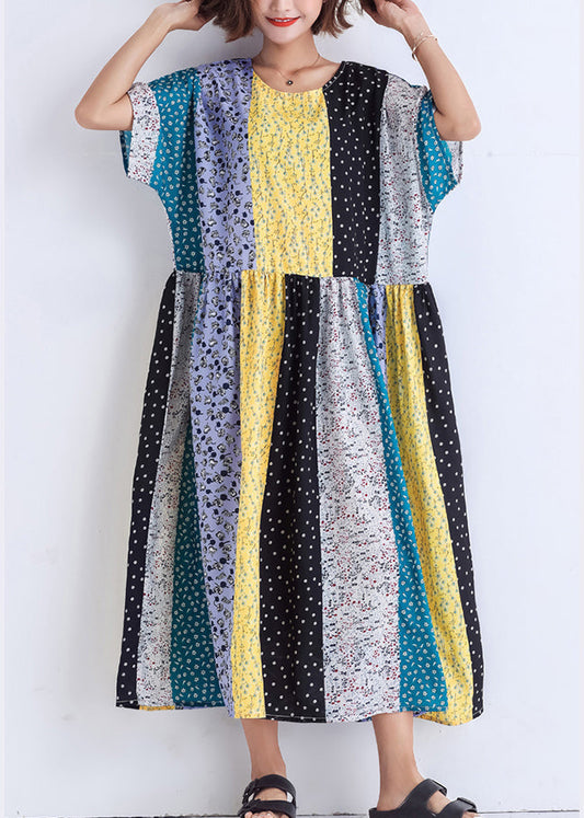 Bohemian patchwork linen cotton Wardrobes boutique Runway multicolor striped Robe Dress Summer