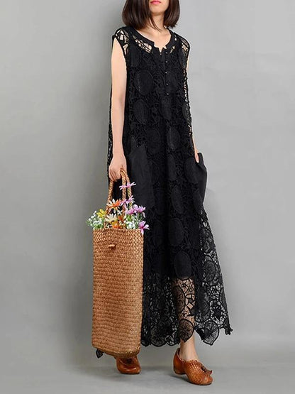 Bohemian pockets asymmetric summer Long black Dress - SooLinen