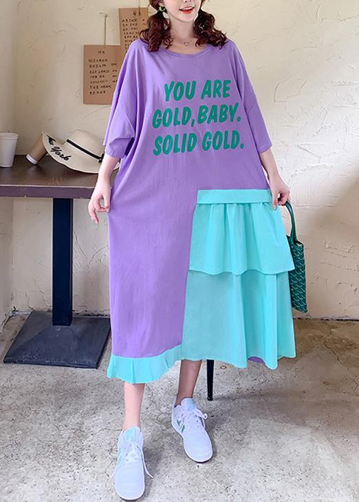 Bohemian purple Letter quilting clothes o neck patchwork loose Dresses - SooLinen