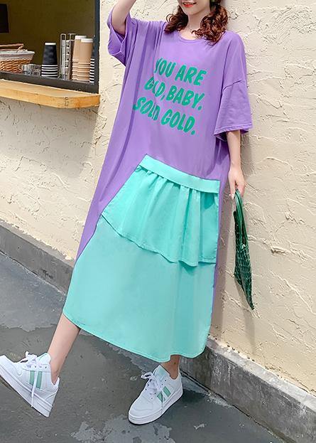Bohemian purple Letter quilting clothes o neck patchwork loose Dresses - SooLinen