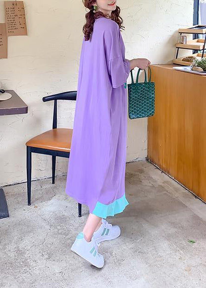 Bohemian purple Letter quilting clothes o neck patchwork loose Dresses - SooLinen
