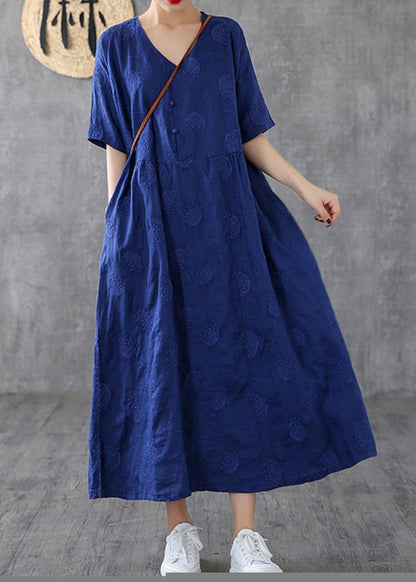 Bohemian v neck embroidery linen dresses Tutorials navy Dress - SooLinen
