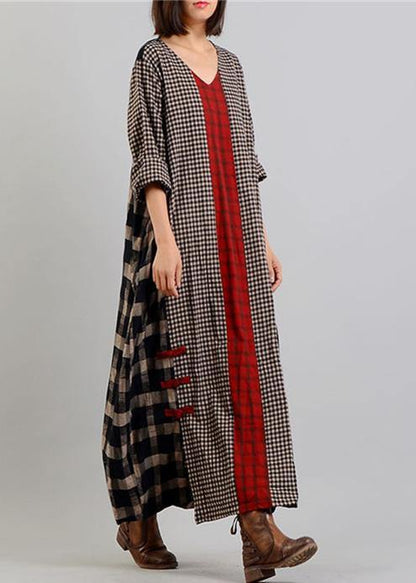 Bohemian v neck patchwork cotton linen spring quilting clothes Tunic Tops plaid Dresses - SooLinen