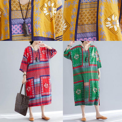 Bohemian v neck side open cotton Women pattern green print Maxi Dresses summer - SooLinen