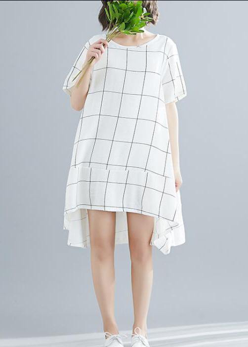 Bohemian white Cotton outfit Vintage Tunic Tops plaid baggy summer Dresses - SooLinen