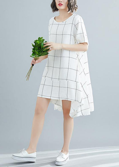 Bohemian white Cotton outfit Vintage Tunic Tops plaid baggy summer Dresses - SooLinen