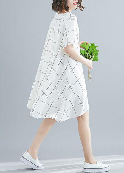 Bohemian white Cotton outfit Vintage Tunic Tops plaid baggy summer Dresses - SooLinen
