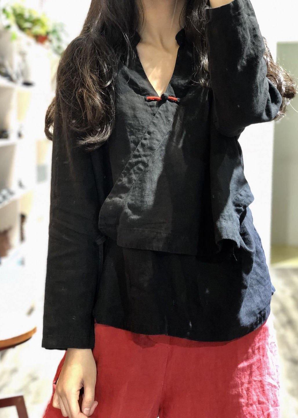 Bohemian white linen Blouse v neck fall top