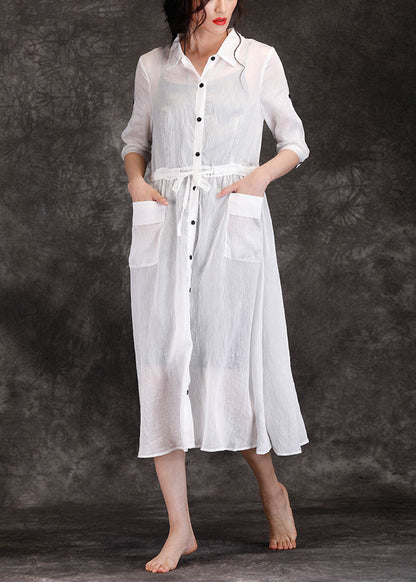Bohemian white linen clothes For Women boutique Outfits lapel pockets Robe Summer Dresses