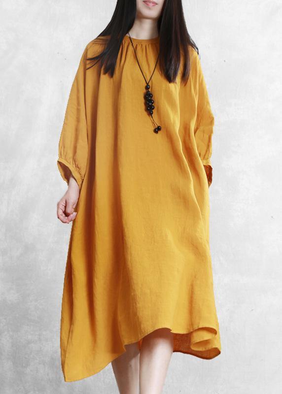 Bohemian yellow linen dresses o neck baggy Cinched Robe Dress - SooLinen