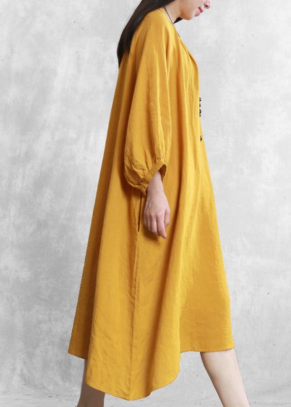 Bohemian yellow linen dresses o neck baggy Cinched Robe Dress - SooLinen