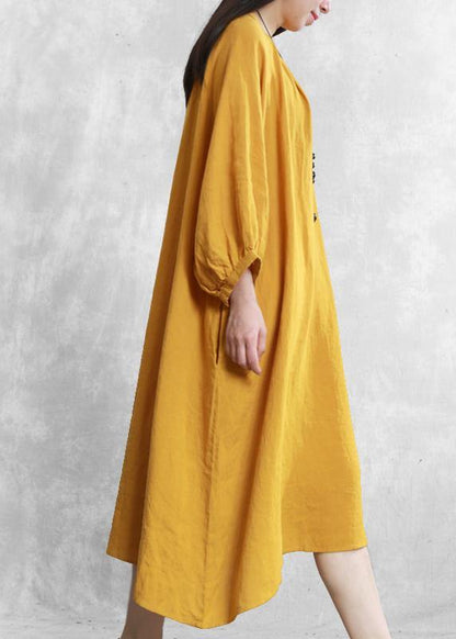Bohemian yellow linen dresses o neck baggy Cinched Robe Dress - SooLinen