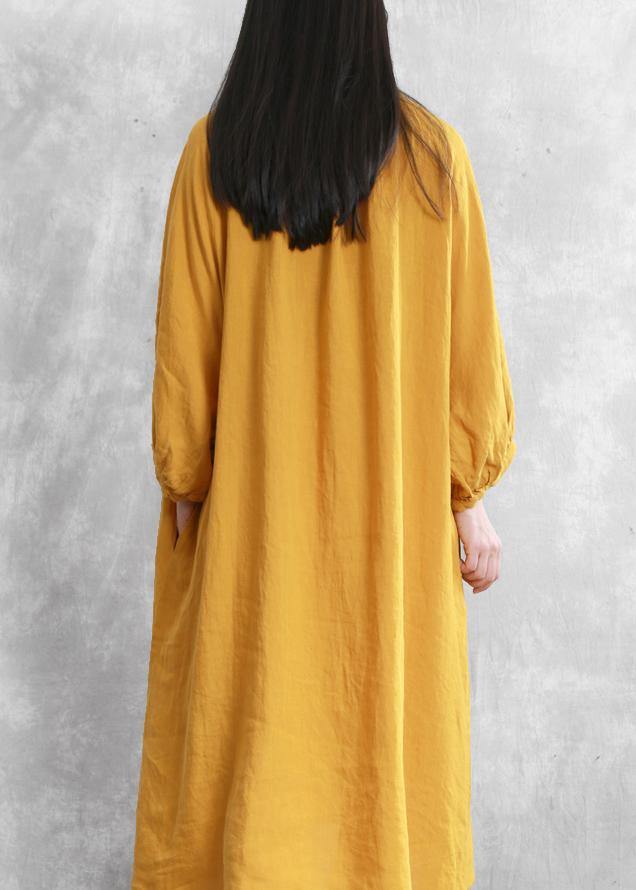 Bohemian yellow linen dresses o neck baggy Cinched Robe Dress - SooLinen
