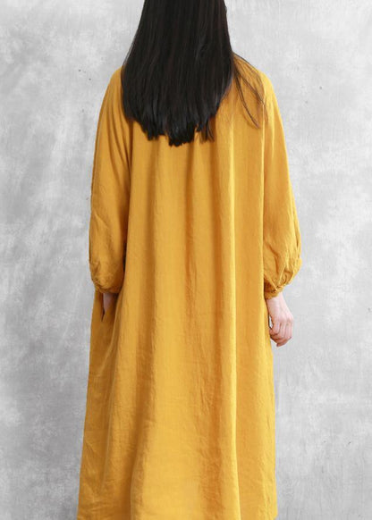 Bohemian yellow linen dresses o neck baggy Cinched Robe Dress - SooLinen