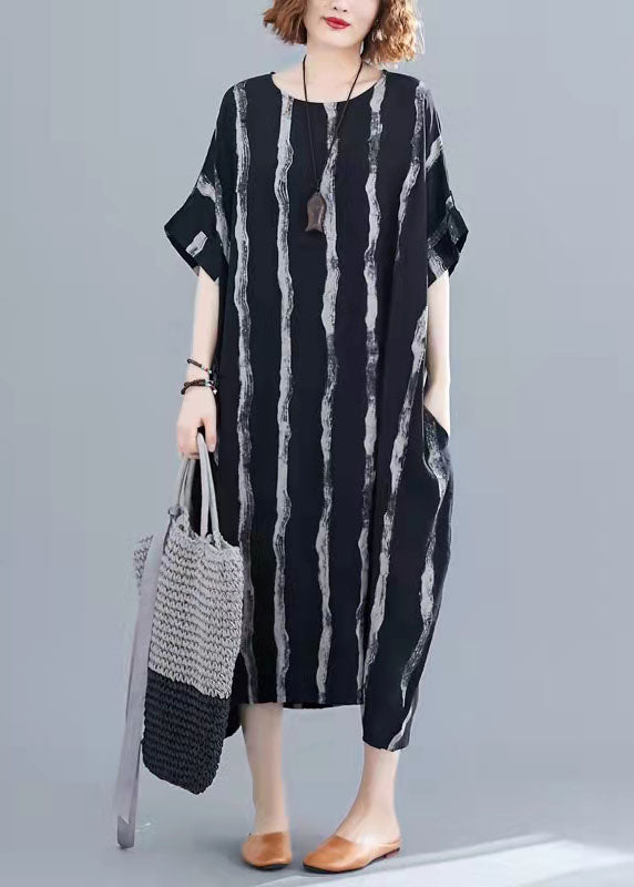 Bohemian Black Striped Cotton Tunics For Women Fine Tutorials O-Neck Pockets Oversized Summer Dresses