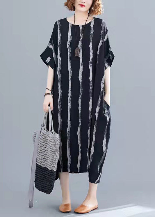 Bohemian Black Striped Cotton Tunics For Women Fine Tutorials O-Neck Pockets Oversized Summer Dresses