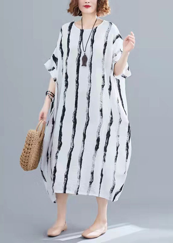 Bohemian Black Striped Cotton Tunics For Women Fine Tutorials O-Neck Pockets Oversized Summer Dresses