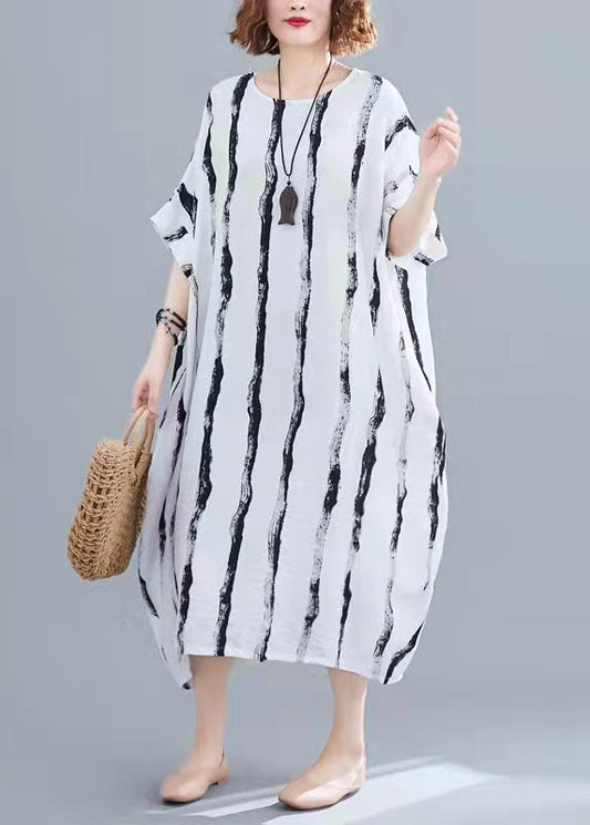 Bohemian Black Striped Cotton Tunics For Women Fine Tutorials O-Neck Pockets Oversized Summer Dresses