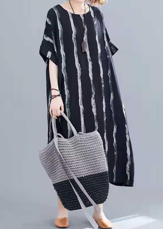 Bohemian Black Striped Cotton Tunics For Women Fine Tutorials O-Neck Pockets Oversized Summer Dresses