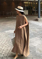 Bohemian O Neck Side Open Linen Cotton Clothes Fabrics Khaki Dress