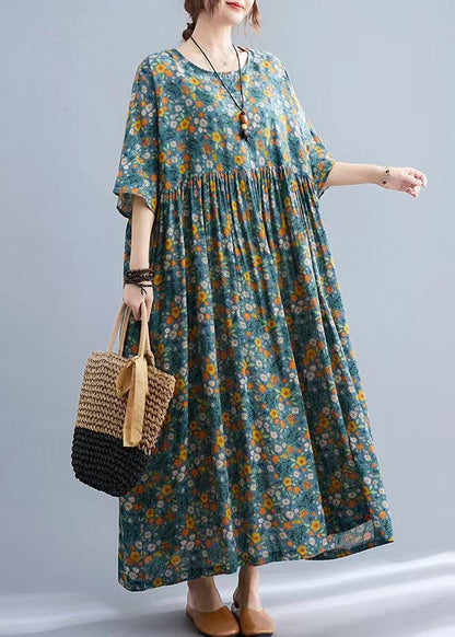 Bohemian Yellow Floral O-Neck Cinched pockets Long Dress Long Sleeve