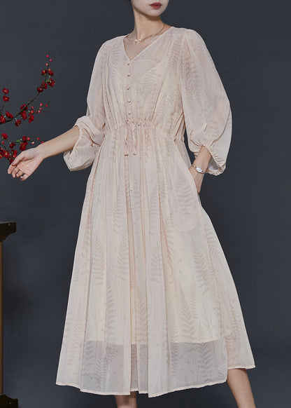 Boho Apricot Cinched Print Chiffon Dresses Summer