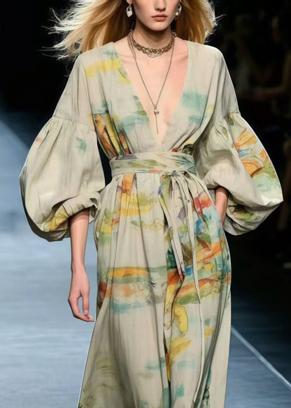 Boho Apricot Cinched Print Cotton Long Dress Lantern Sleeve