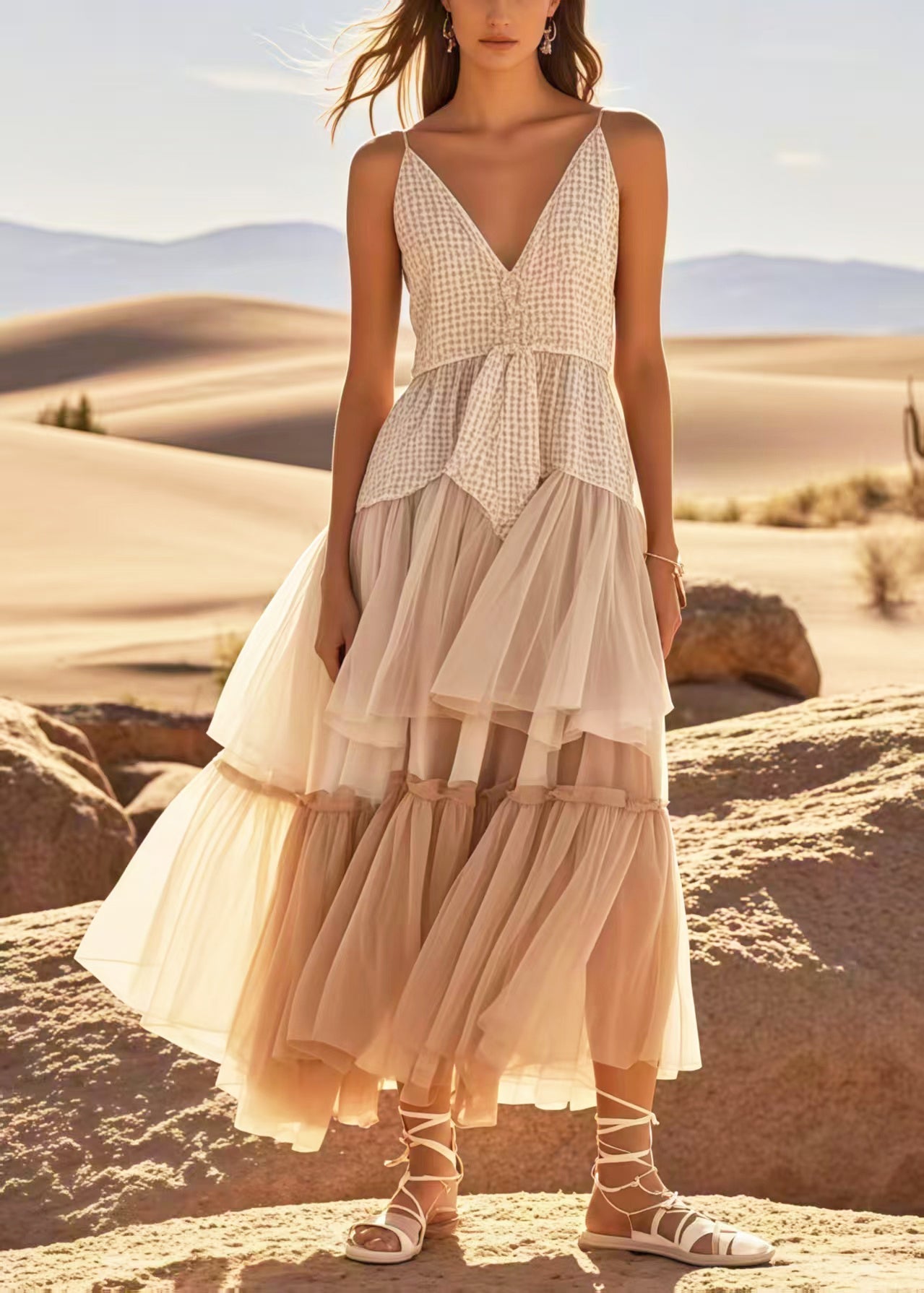 Boho Apricot Exra Large Hem Patchwork Tulle Sundress Summer