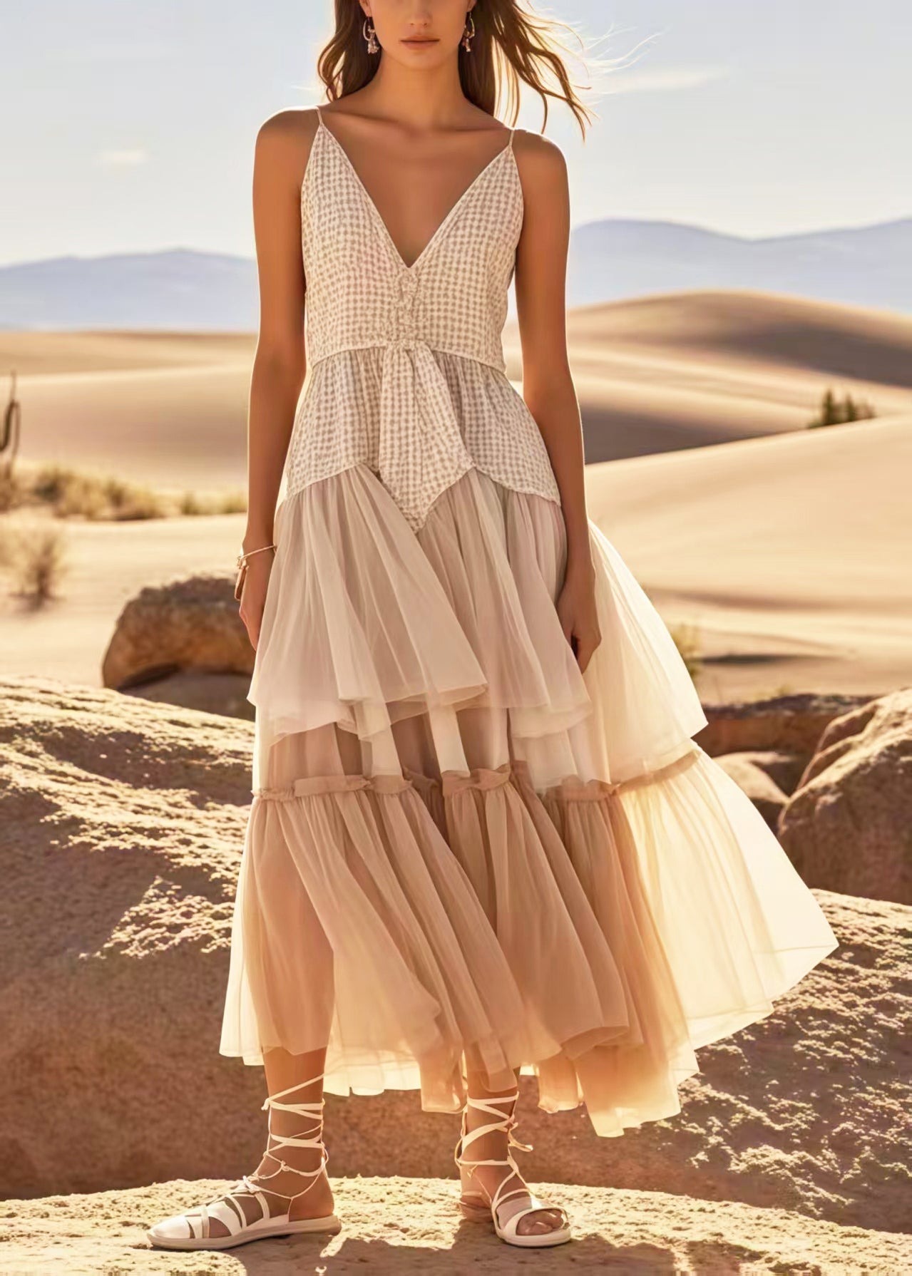 Boho Apricot Exra Large Hem Patchwork Tulle Sundress Summer