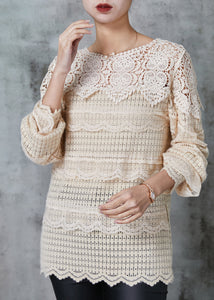 Boho Apricot Hollow Out Patchwork Knit Blouse Tops Spring