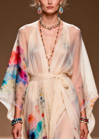 Boho Apricot Tie Waist Print Chiffon Ankle Dress Summer