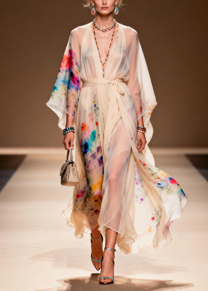 Boho Apricot Tie Waist Print Chiffon Ankle Dress Summer