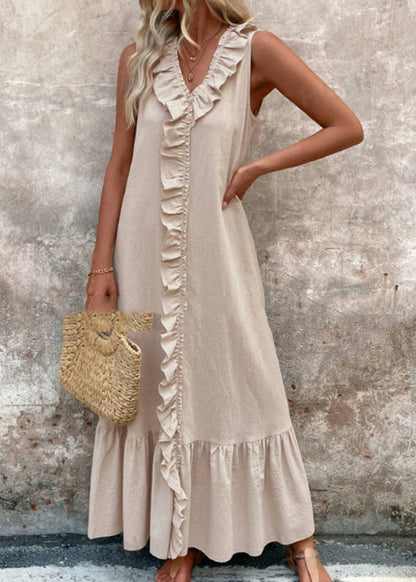 Boho Apricot V Neck Ruffled Patchwork Maxi Dresses Summer