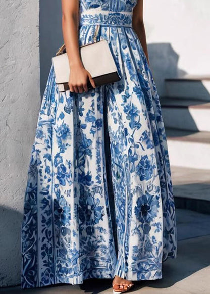 Boho Baby Blue Peter Pan Collar Print Maxi Dress Summer