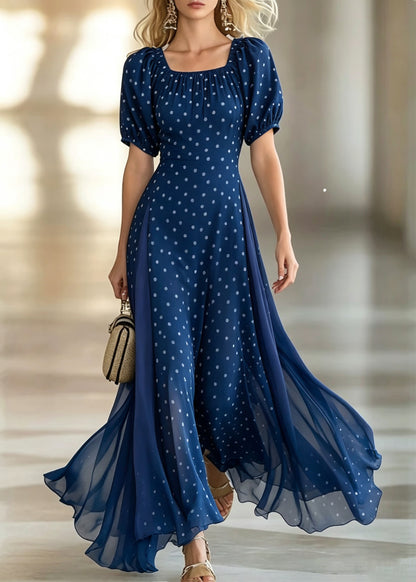 Boho Baby Blue Square Collar Print Patchwork Long Dresses Short Sleeve