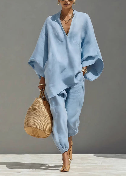 Boho Baby Blue V Neck Solid Top And Beam Pants Two-Piece Set Fall