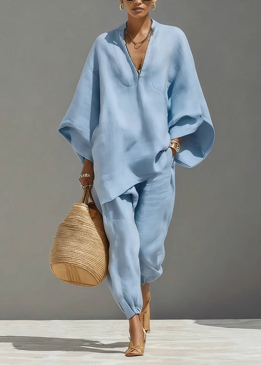 Boho Baby Blue V Neck Solid Top And Beam Pants Two-Piece Set Fall