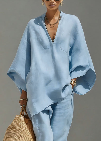 Boho Baby Blue V Neck Solid Top And Beam Pants Two-Piece Set Fall