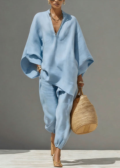 Boho Baby Blue V Neck Solid Top And Beam Pants Two-Piece Set Fall