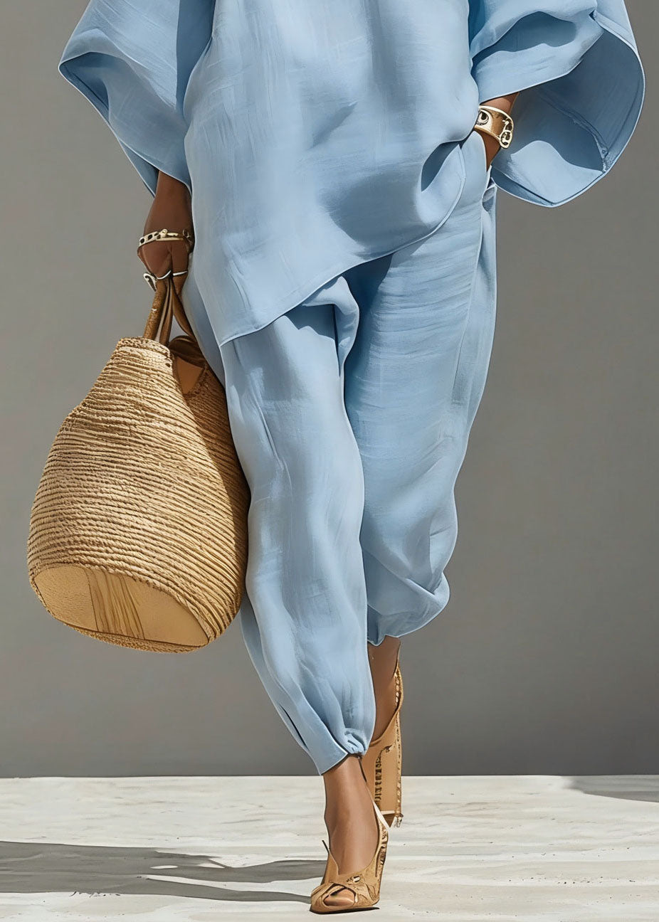 Boho Baby Blue V Neck Solid Top And Beam Pants Two-Piece Set Fall
