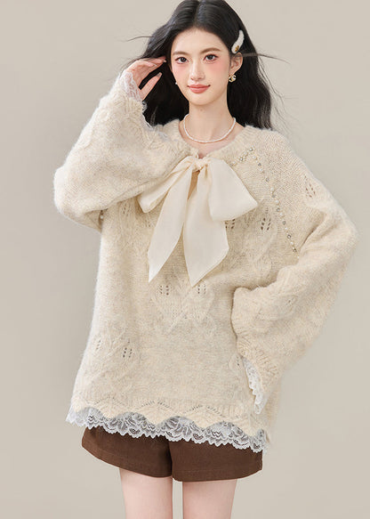 Boho Beige Bow Nail Bead Patchwork Lace Knit Tops Winter