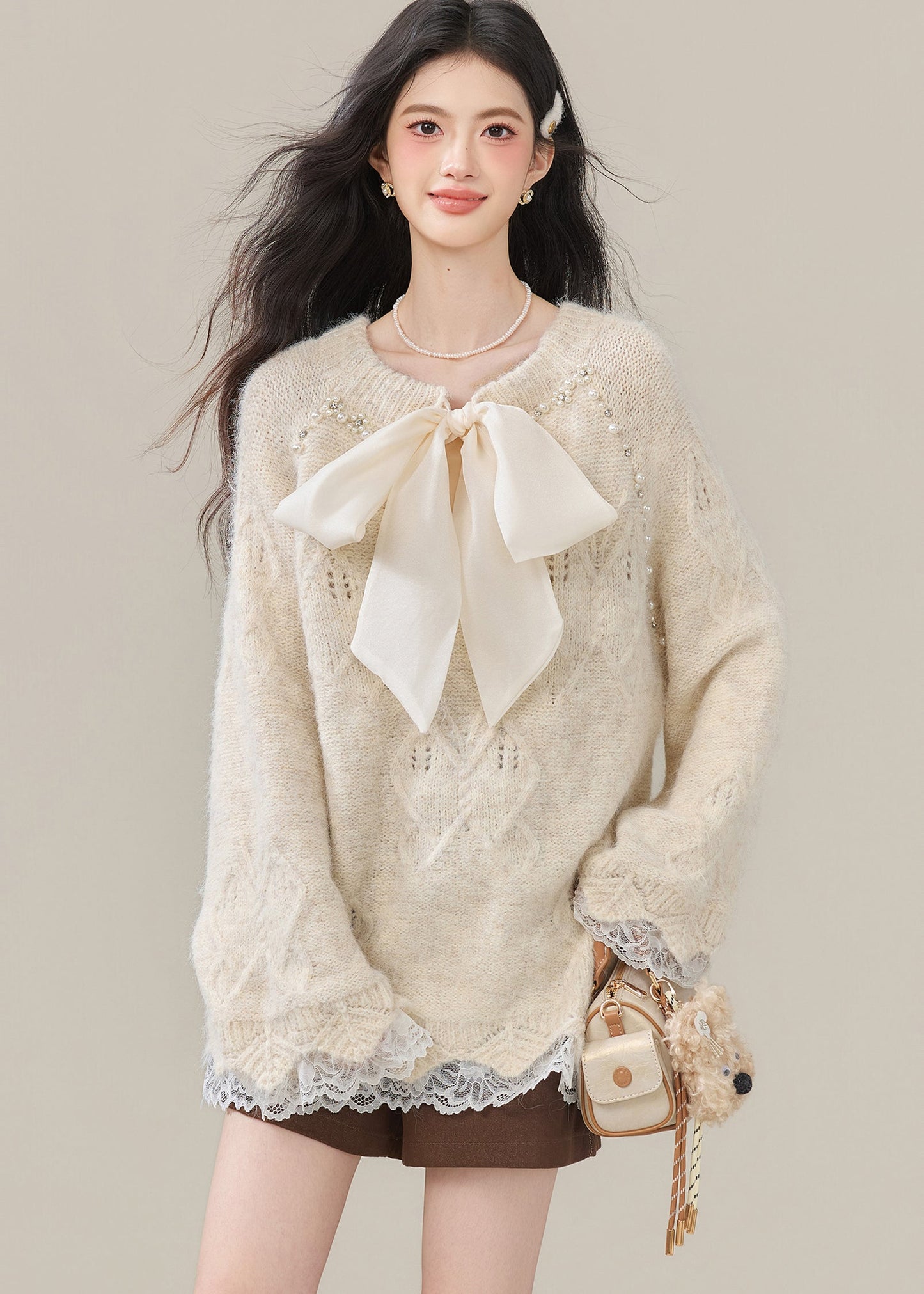 Boho Beige Bow Nail Bead Patchwork Lace Knit Tops Winter