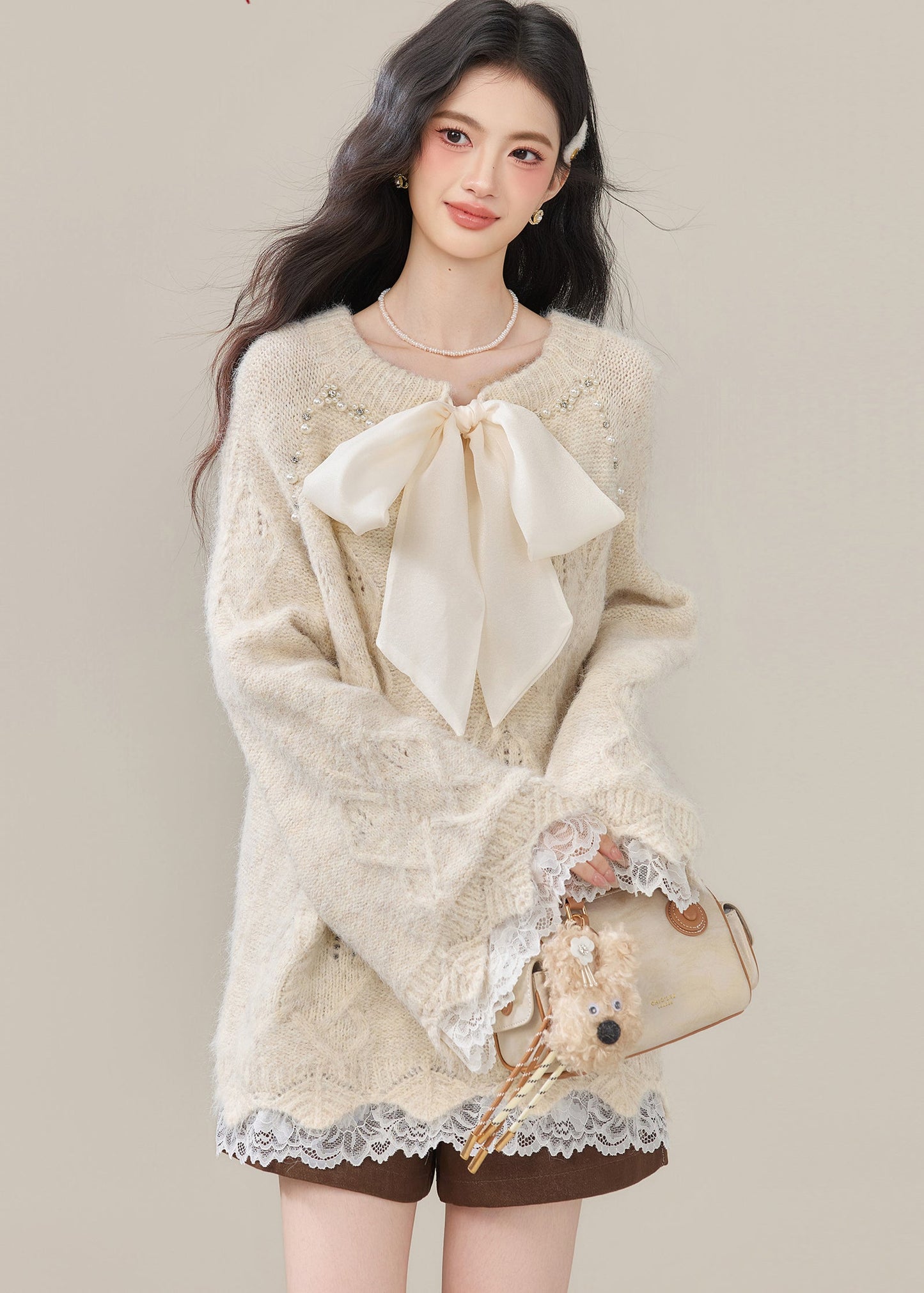 Boho Beige Bow Nail Bead Patchwork Lace Knit Tops Winter