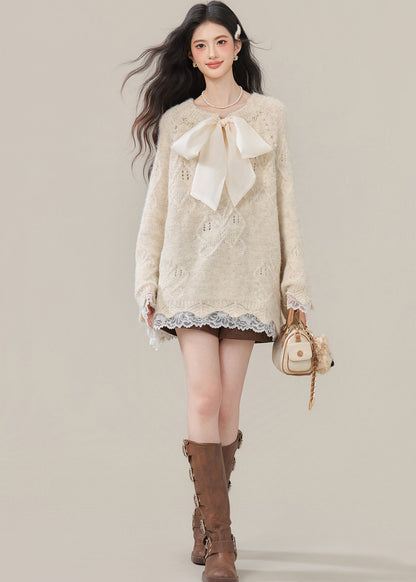 Boho Beige Bow Nail Bead Patchwork Lace Knit Tops Winter