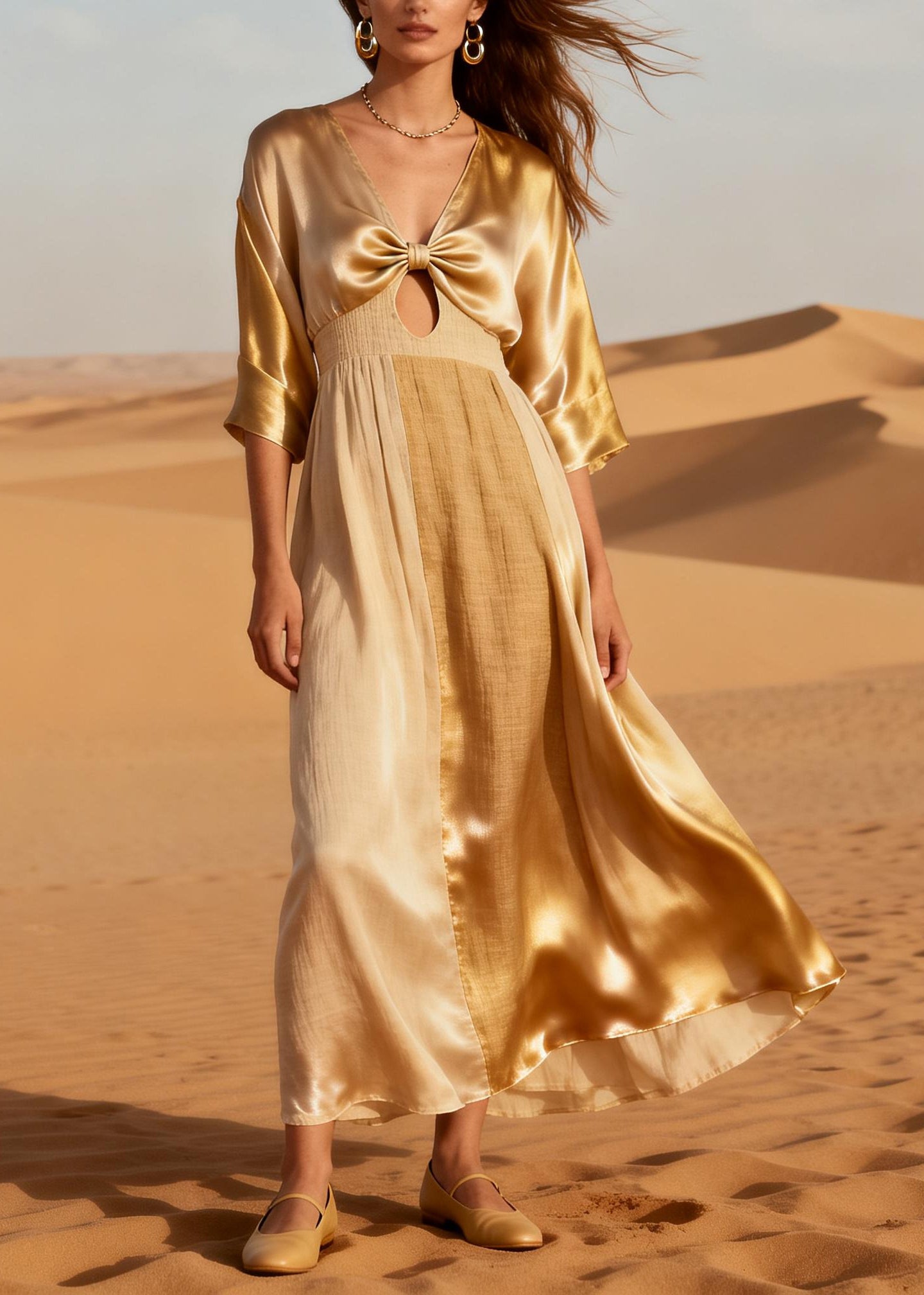 Boho Beige Bow Patchwork Linen Silk Long Dress Summer